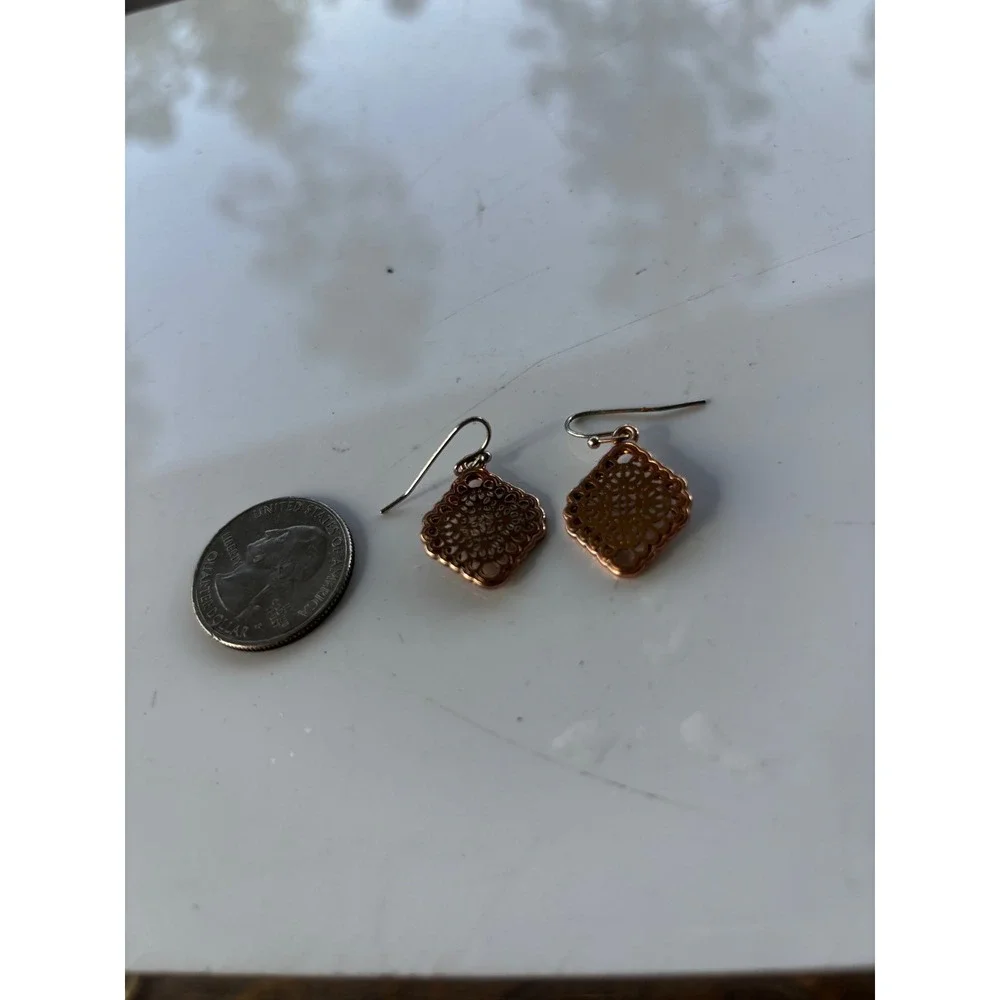 Vintage Filigree Drop Earrings Copper Boho Ornate‎ Geometric Diamond